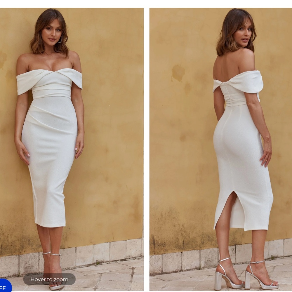 OFF-SHOULDER MIDI DRESS WHITE